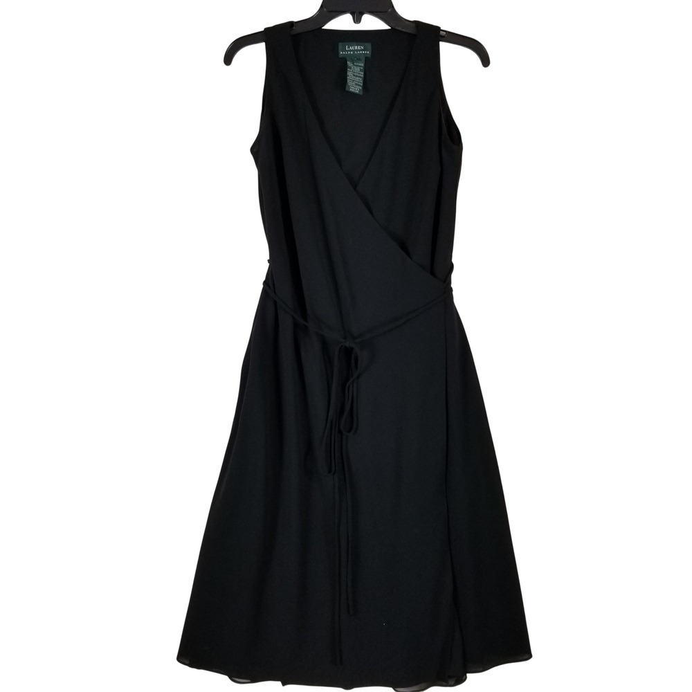Lauren‎ Ralph Lauren Black Wool Sleeveless Wrap Dress Size 6 V-Neck A-Line Lined
